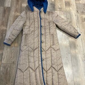 Tan and Blue Quilted Puffer Coat with Chevron Stitching